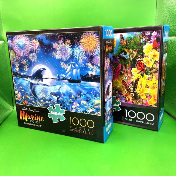 Buffalo 1000 Piece Interlocking Jig-Saw Puzzle Hummingbird Garden Ocean Set of 2 - Picture 1 of 13